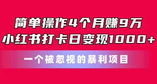 简单操作4个月zuan9w，小红书打卡日变现1k，一个被忽视的暴力项目【揭秘】